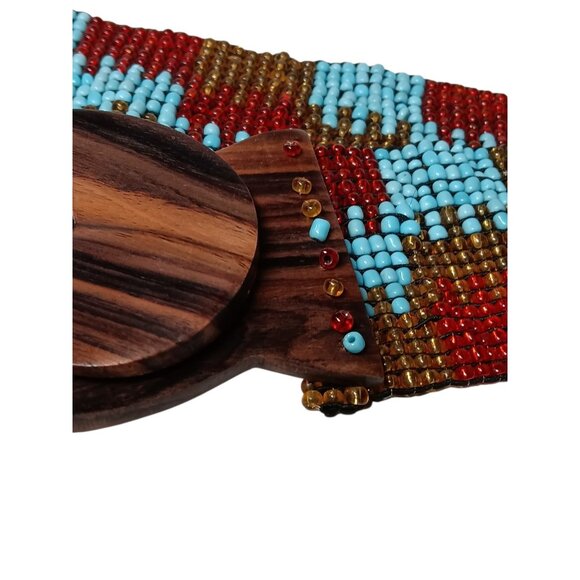 Wide Belt Stretch Blue Red Brown Beaded Boho Tribal Stretchy Wooden Buckle 28\